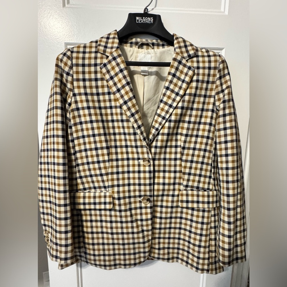 H&M Plaid Blazer Jacket Women Size 10 Preppy Academia Neutral Blazer Coat - Picture 2 of 10